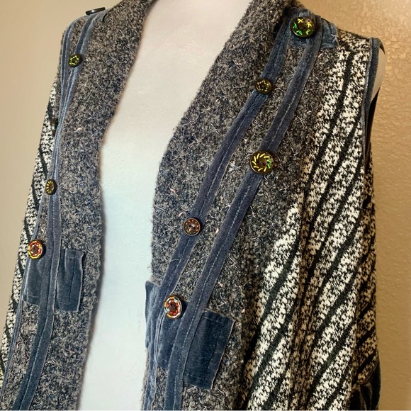 Vintage Anis A. Sleeveless Boho Sweater Vest Velvet Detail Gray & White Medium - Picture 5 of 14